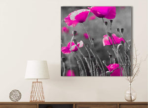 Pink Poppy Black Grey Flower Poppies Floral Bathroom Canvas Wall Art Accessories - Abstract 1s137s - 49cm Square Print