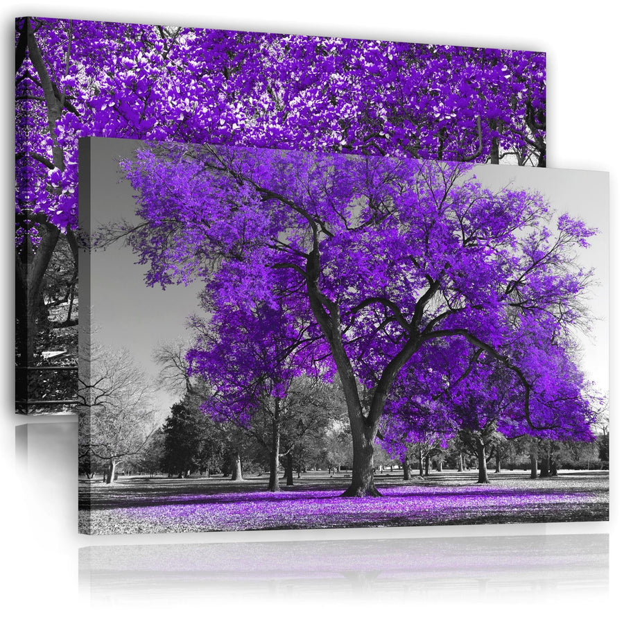 Purple Grey Black Canvas Wall Art - Trees Leaves Blossom - Set of 2 Pictures