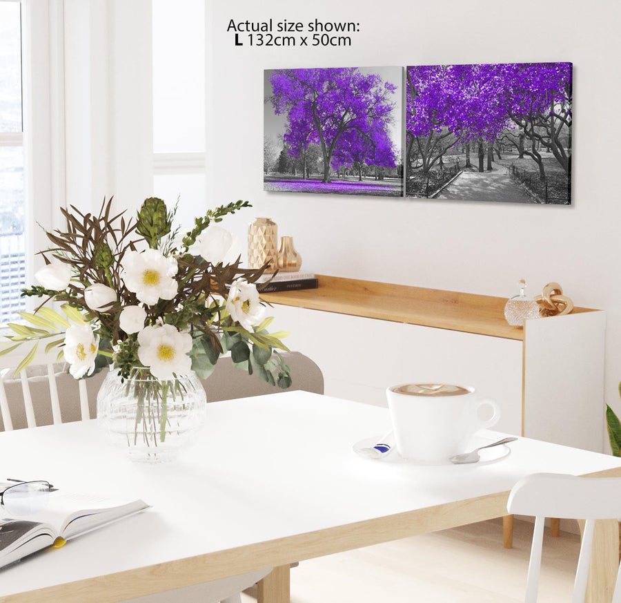 Purple Grey Black Canvas Wall Art - Trees Leaves Blossom - Set of 2 Pictures