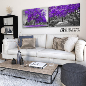 Purple Grey Black Canvas Wall Art - Trees Leaves Blossom - Set of 2 Pictures