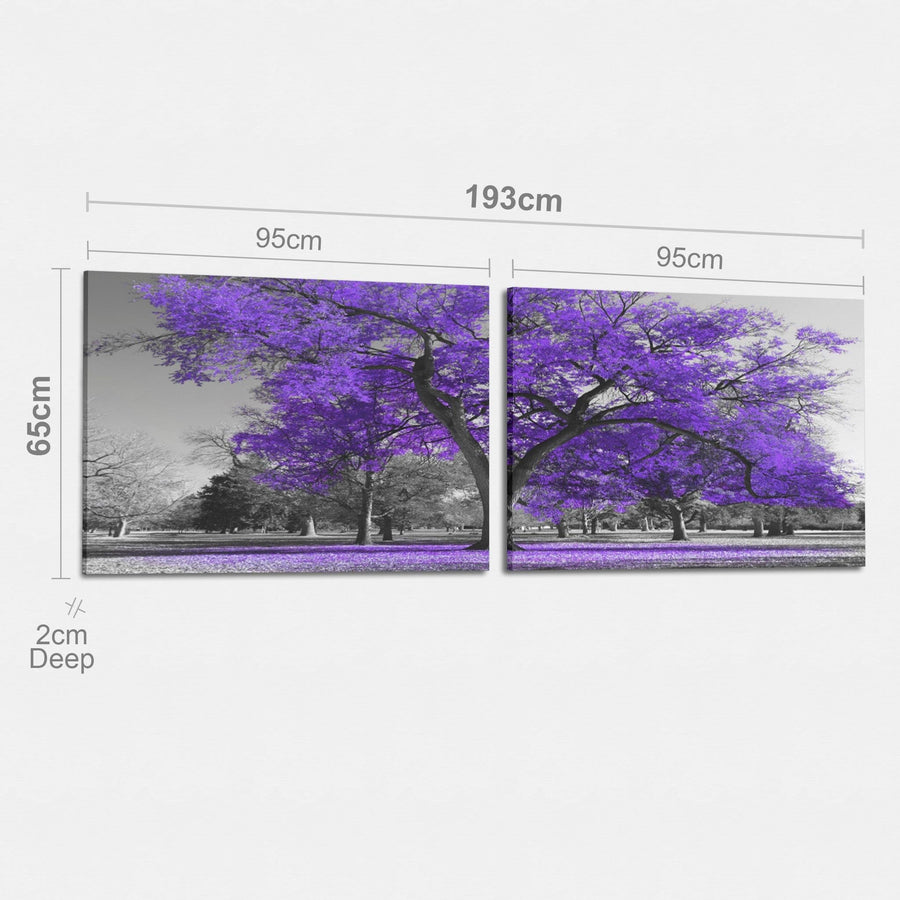 Purple Grey Black Canvas Wall Art - Trees Leaves Blossom - Set of 2 Pictures