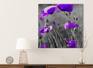 Purple Poppy Grey Black White Flower Floral Bathroom Canvas Wall Art Accessories - Abstract 1s136s - 49cm Square Print