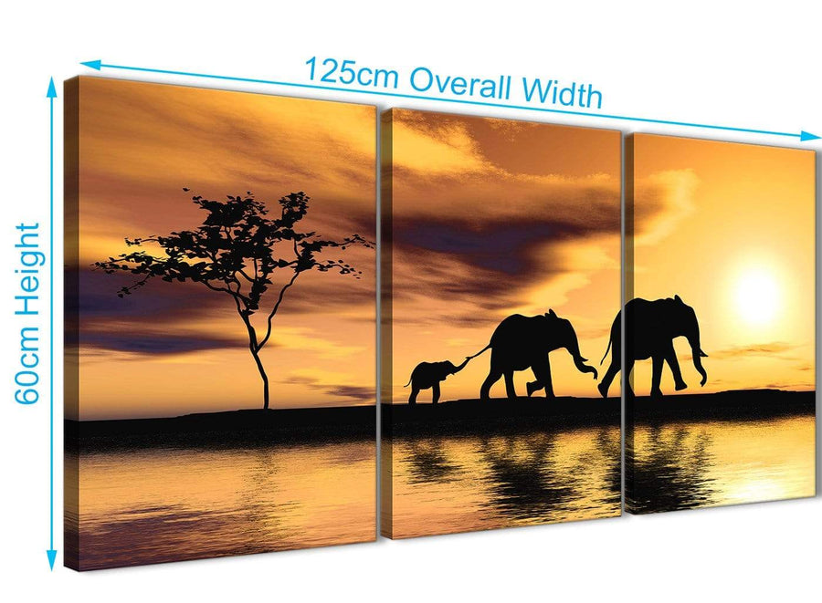 Quality 3 Piece Animal Canvas Wall Art African Sunset Elephants - 3479 Mustard Yellow 126cm Set of Prints