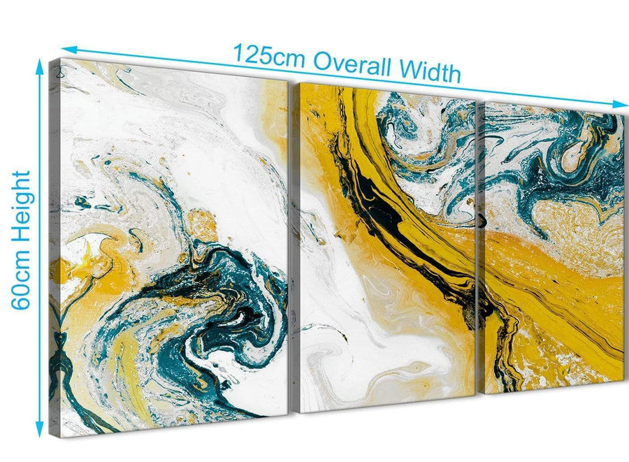 Quality 3 Piece Mustard Yellow and Teal Swirl Dining Room Canvas Wall Art Accessories - Abstract 3470 - 126cm Set of Prints