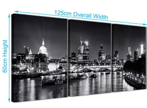 Quality 3 Piece Landscape Canvas Wall Art River Thames Skyline of London - 3430 Black White Grey 126cm Set of Prints