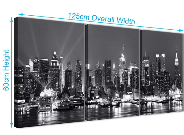 Quality 3 Panel Landscape Canvas Wall Art New York Hudson River Skyline - 3435 Black White Grey 126cm Set of Prints