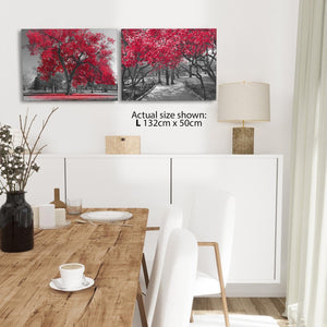 Red Grey Black Canvas Wall Art - Trees Leaves Blossom - Set of 2 Pictures
