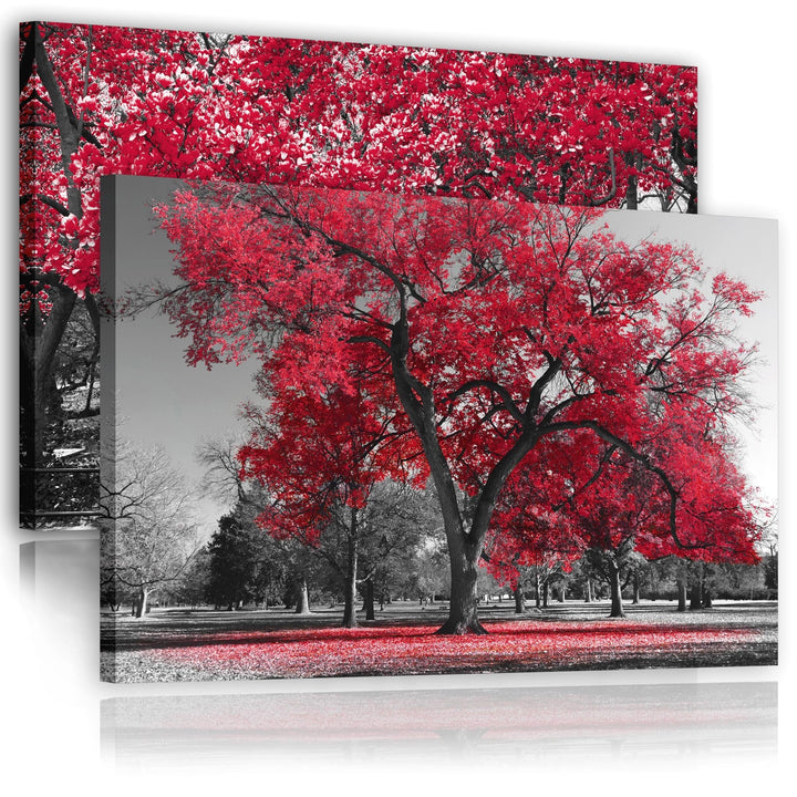 Red Grey Black Canvas Wall Art - Trees Leaves Blossom - Set of 2 Pictures - 2CL2010XXL