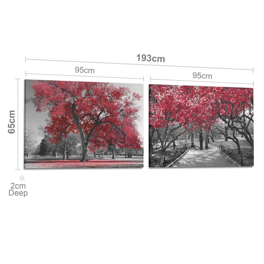 Red Grey Black Canvas Wall Art - Trees Leaves Blossom - Set of 2 Pictures