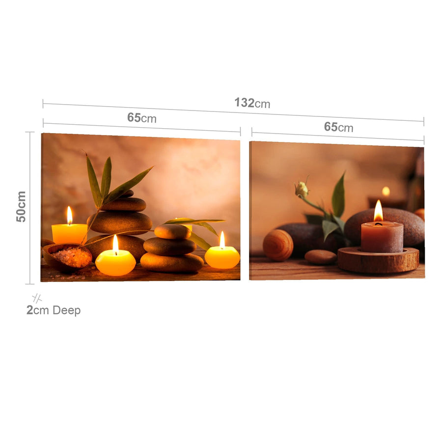 Relaxing Spa Candles & Stones Canvas Wall Art Print - Warm Orange Brown Tones - Set of 2