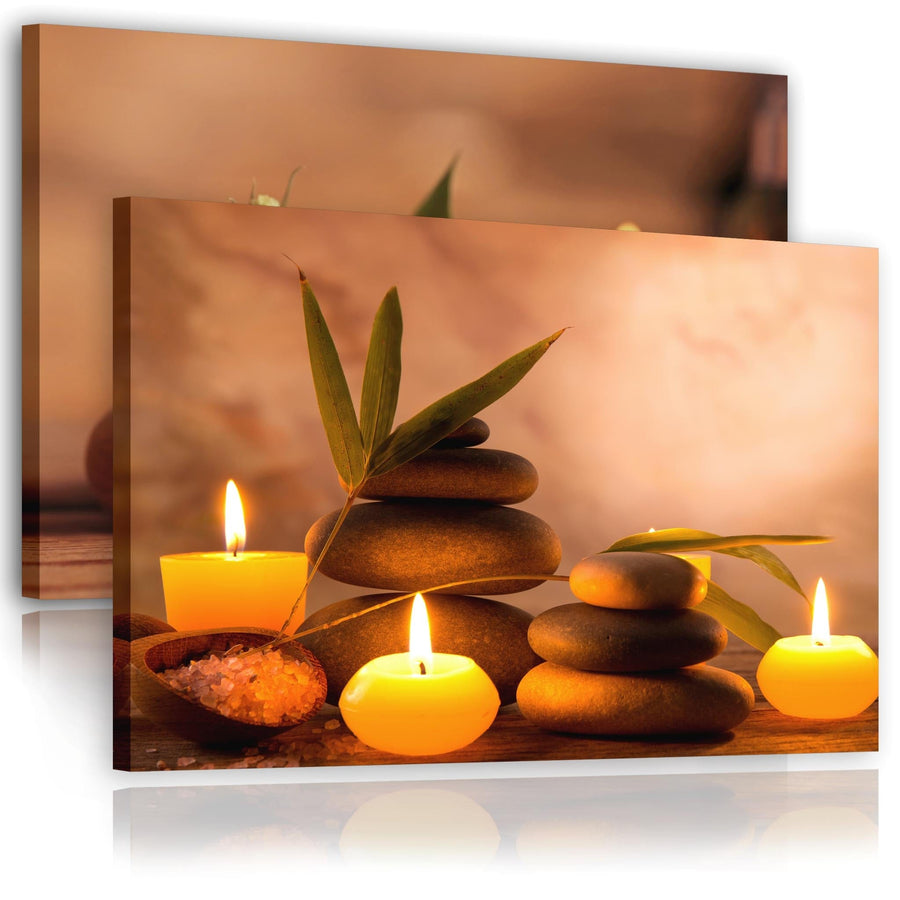 Relaxing Spa Candles & Stones Canvas Wall Art Print - Warm Orange Brown Tones - Set of 2