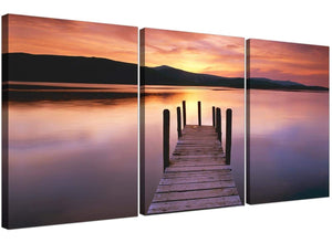 Set of 3 Orange Landscape Canvas Prints Lake Sunset 3214