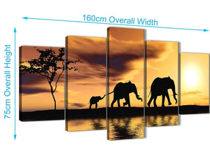 Extra Large 5 Panel Animal Canvas Wall Art Prints - African Sunset Elephants - 5479 Mustard Yellow - 160cm XL Set Artwork