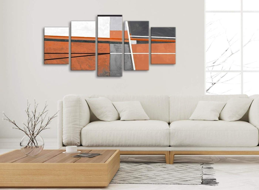 Set of 5 Part Burnt Orange Grey Painting Abstract Bedroom Canvas Pictures Decorations - 5390 - 160cm XL Set Artwork