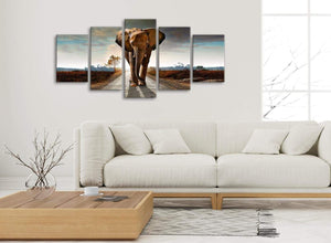 Set of 5 Piece Canvas Wall Art Pictures - Modern Elephant Landscape - 5209 - 160cm XL Set Artwork