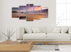 Set of 5 Panel Canvas Wall Art Pictures - Panoramic Landscape Beach Sunset - 5198 - 160cm XL Set Artwork