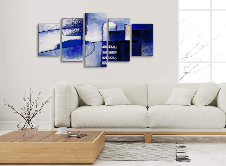 Set of 5 Panel Indigo Blue Cream Painting Abstract Bedroom Canvas Pictures Decor - 5418 - 160cm XL Set Artwork