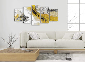 Set of 5 Piece Mustard Yellow and Grey Swirl Abstract Dining Room Canvas Pictures Decor - 5462 - 160cm XL Set Artwork