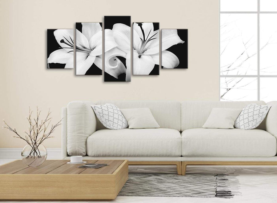 Set of 5 Piece Black White Lily Flower Dining Room Canvas Wall Art Decor - 5458 - 160cm XL Set Artwork