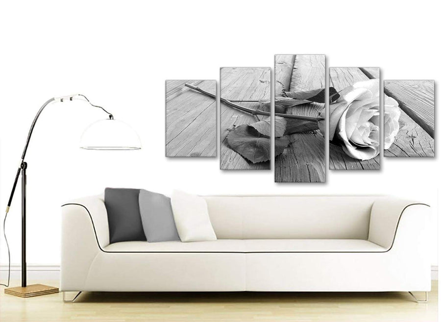 Set of 5 Piece Black White Rose Floral Dining Room Canvas Wall Art Decorations - 5372 - 160cm XL Set Artwork