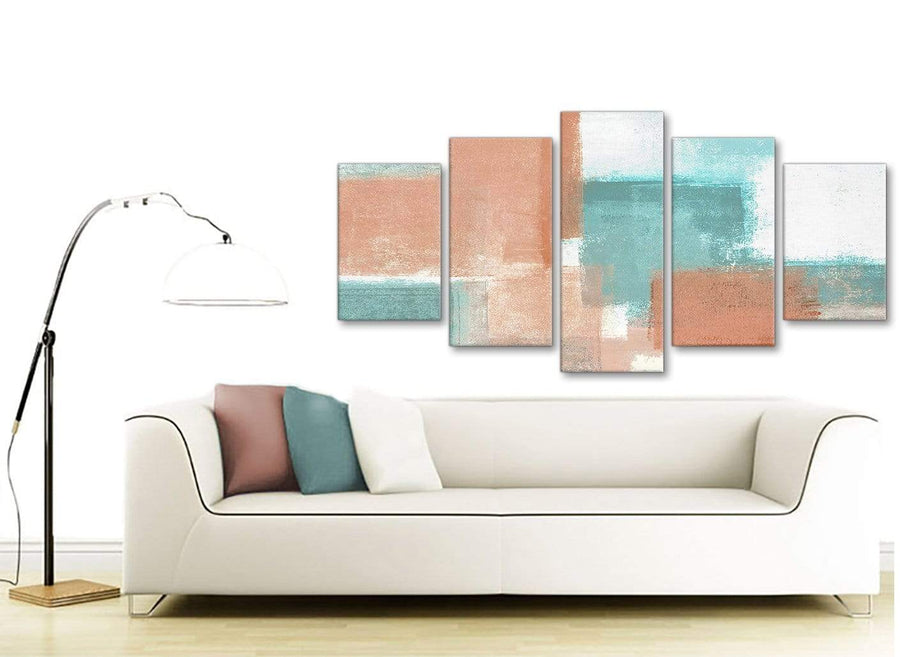 Set of 5 Piece Coral Turquoise Abstract Bedroom Canvas Pictures Decorations - 5366 - 160cm XL Set Artwork
