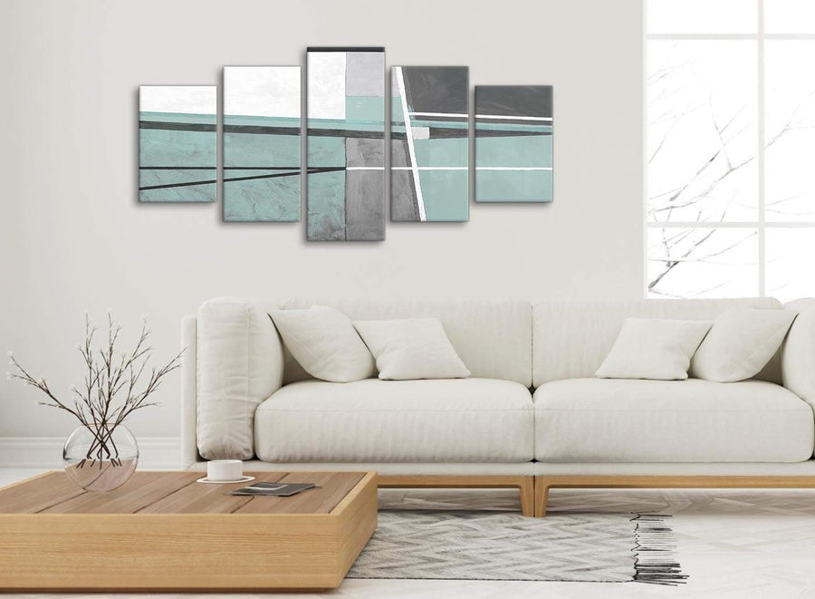 Set of 5 Piece Duck Egg Blue Grey Painting Abstract Dining Room Canvas Wall Art Decor - 5396 - 160cm XL Set Artwork