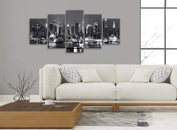 Set of 5 Panel Landscape Canvas Wall Art Pictures - New York Hudson River Skyline - 5435 Black White Grey - 160cm XL Set Artwork