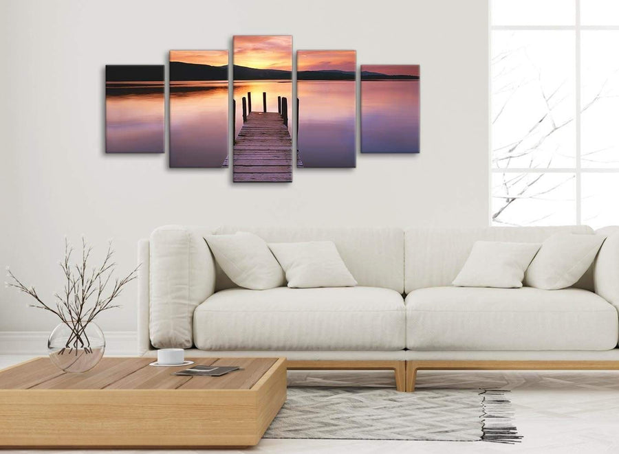 Set of 5 Piece Landscape Canvas Wall Art Pictures - Purple Sunset Jetty Derwent Water Lake - 5214 - 160cm XL Set Artwork