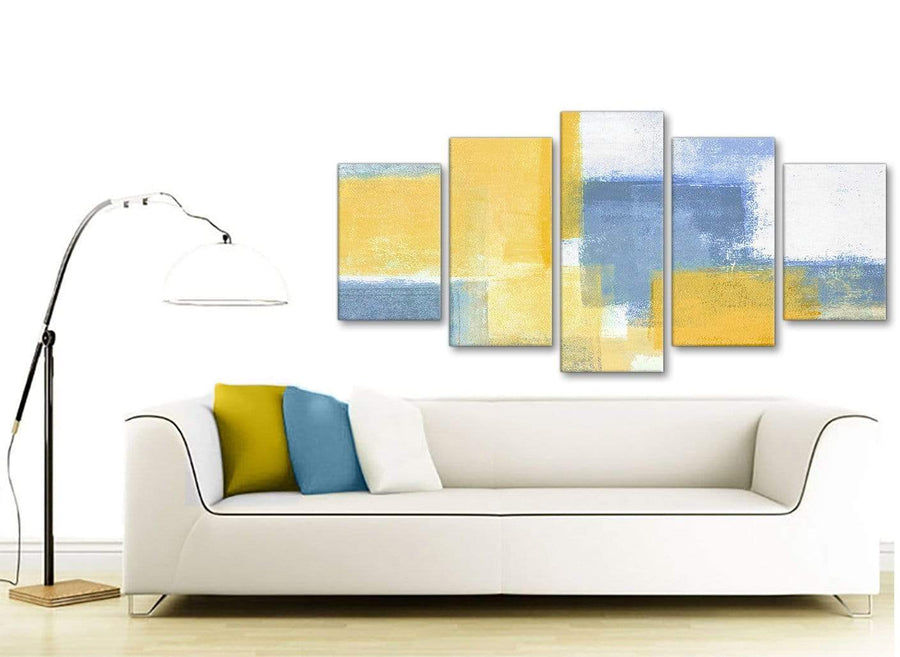 Set of 5 Panel Mustard Yellow Blue Abstract Dining Room Canvas Pictures Decor - 5371 - 160cm XL Set Artwork