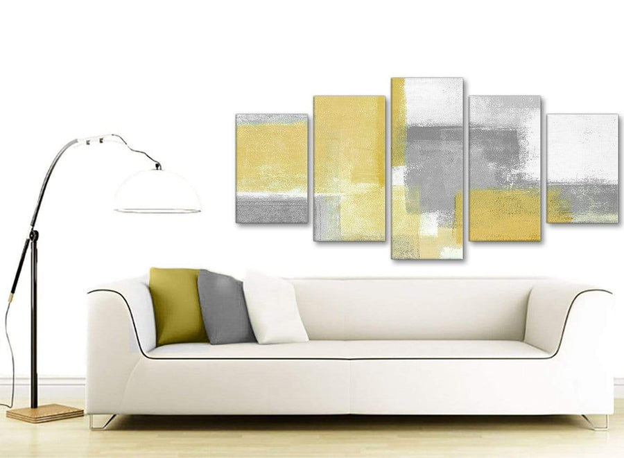 Set of 5 Piece Mustard Yellow Grey Abstract Dining Room Canvas Wall Art Decor - 5367 - 160cm XL Set Artwork