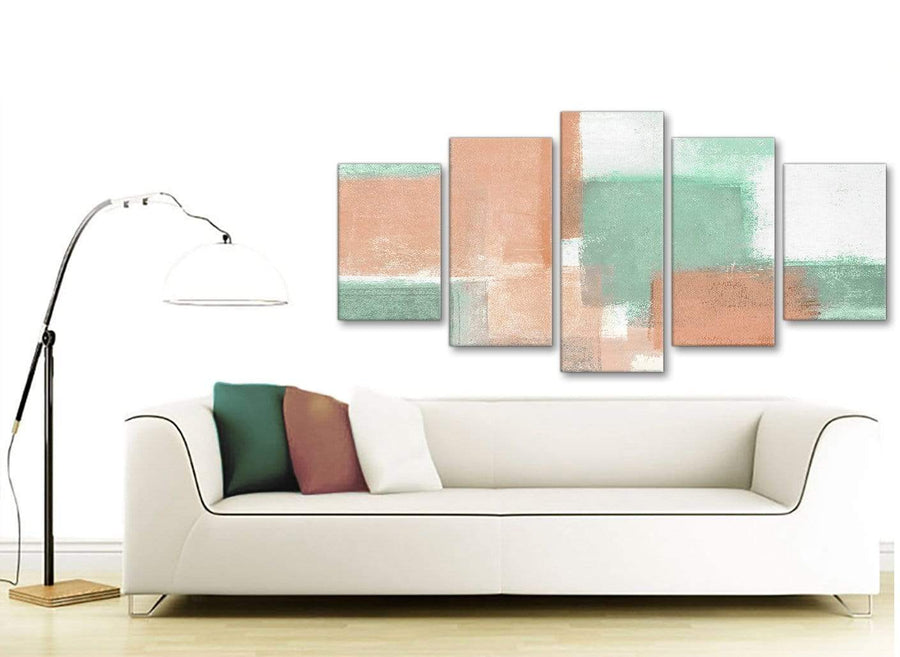 Set of 5 Piece Peach Mint Green Abstract Dining Room Canvas Pictures Decor - 5375 - 160cm XL Set Artwork