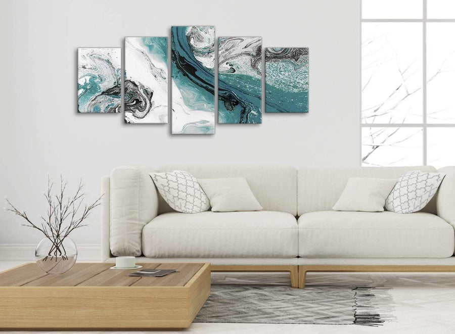 Set of 5 Piece Teal and Grey Swirl Abstract Bedroom Canvas Pictures Decor - 5468 - 160cm XL Set Artwork