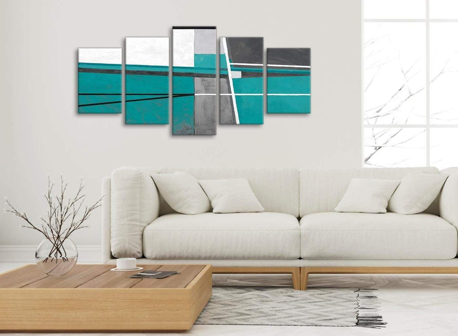 Set of 5 Part Teal Grey Painting Abstract Bedroom Canvas Wall Art Decorations - 5389 - 160cm XL Set Artwork