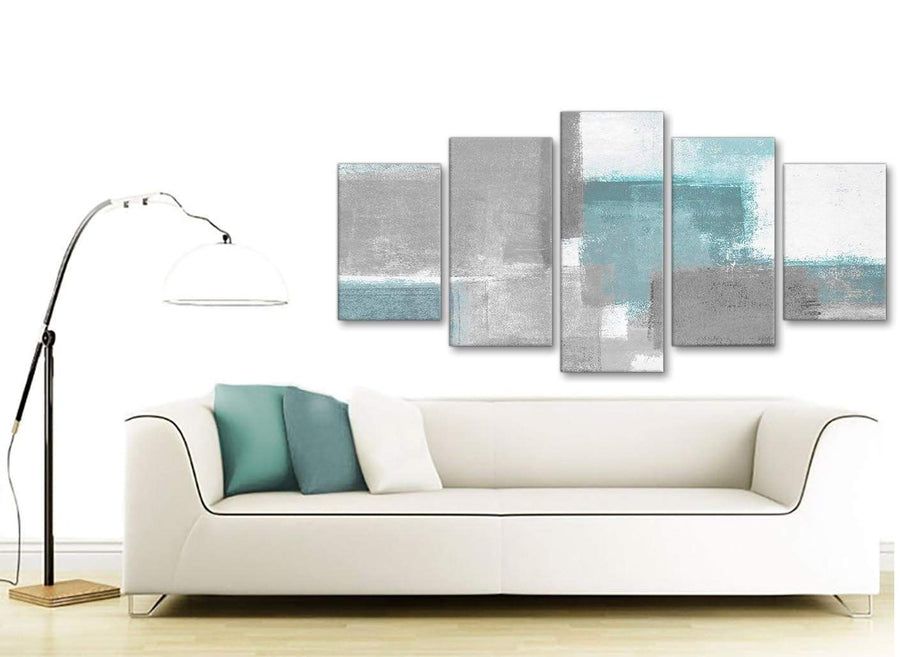 Set of 5 Piece Teal Grey Painting Abstract Dining Room Canvas Pictures Decorations - 5377 - 160cm XL Set Artwork