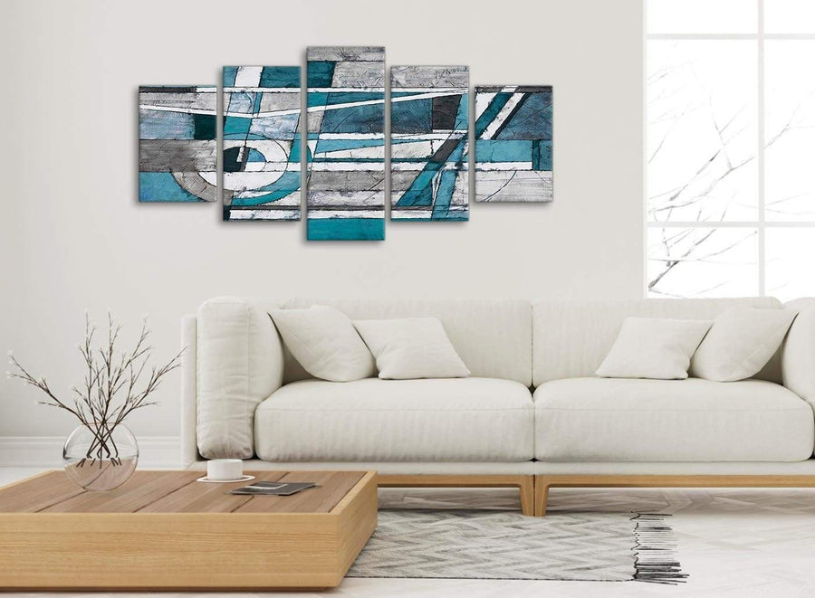 Set of 5 Panel Teal Grey Painting Abstract Living Room Canvas Pictures Decor - 5402 - 160cm XL Set Artwork