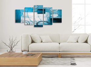 Set of 5 Piece Teal White Painting Abstract Dining Room Canvas Wall Art Decor - 5432 - 160cm XL Set Artwork