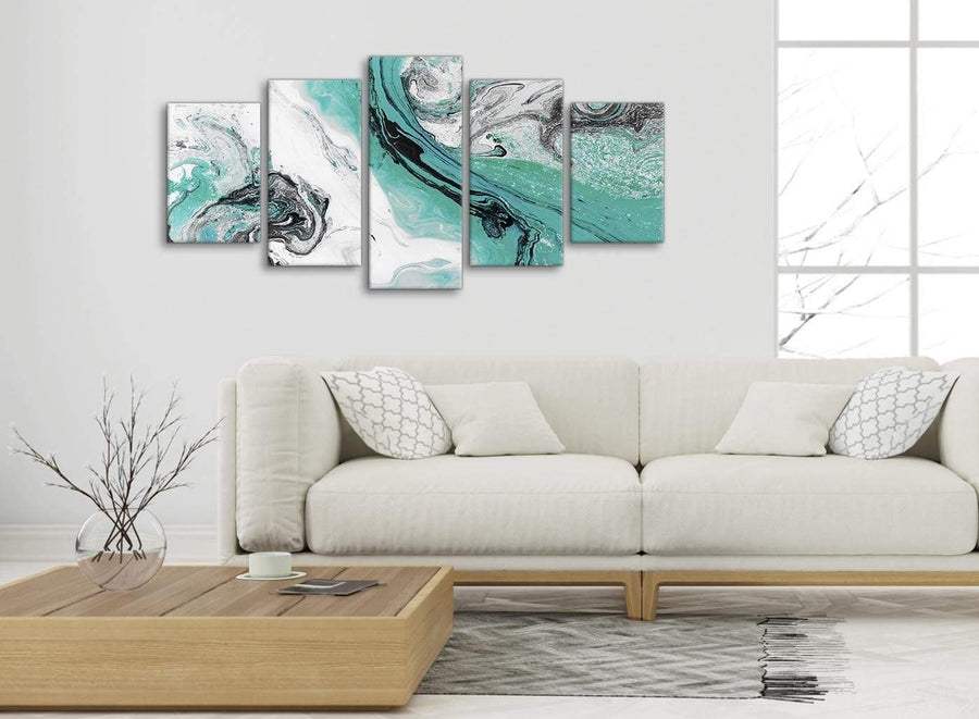 Set of 5 Piece Turquoise and Grey Swirl Abstract Dining Room Canvas Wall Art Decor - 5460 - 160cm XL Set Artwork