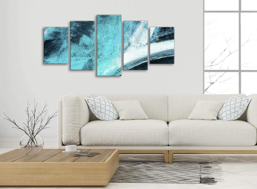 Set of 5 Piece Turquoise and White - Abstract Dining Room Canvas Pictures Decorations - 5448 - 160cm XL Set Artwork