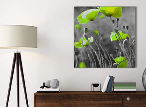 Small Lime Green Poppy Flowers Kitchen Canvas Wall Art Accessories - Abstract 1s138s - 49cm Square Print