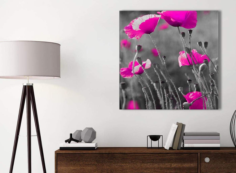 Small Pink Poppy Black Grey Flower Poppies Floral Bathroom Canvas Wall Art Accessories - Abstract 1s137s - 49cm Square Print