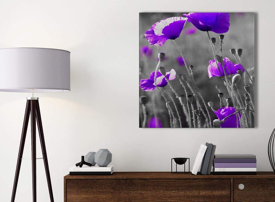 Small Purple Poppy Grey Black White Flower Floral Bathroom Canvas Wall Art Accessories - Abstract 1s136s - 49cm Square Print