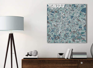 Small Teal Blue Street Map of Leicester - Office Canvas Wall Art Accessories - 1s453s - 49cm Square Print