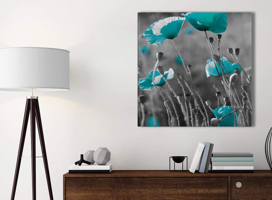 Small Teal Poppy Grey Poppies Flower Floral Kitchen Canvas Pictures Accessories - Abstract 1s139s - 49cm Square Print