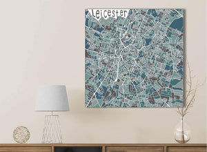 Teal Blue Street Map of Leicester - Office Canvas Wall Art Accessories - 1s453s - 49cm Square Print