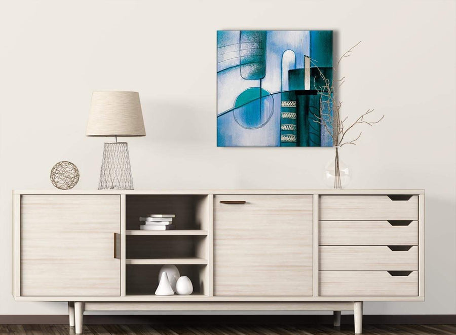 Teal Cream Painting Living Room Canvas Pictures Decor - Abstract 1s417m - 64cm Square Print