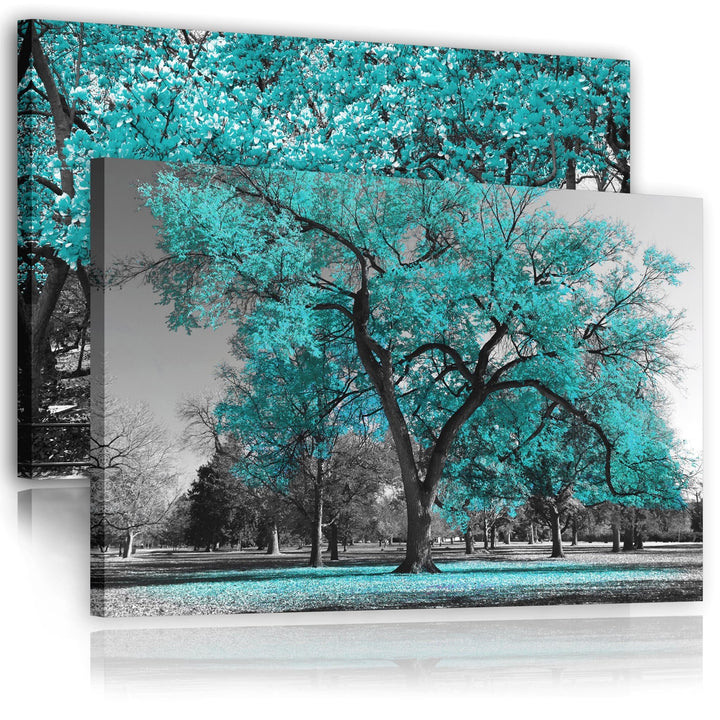 Teal Grey Black Canvas Wall Art - Trees Leaves Blossom - Set of 2 Pictures - 2CL2011L