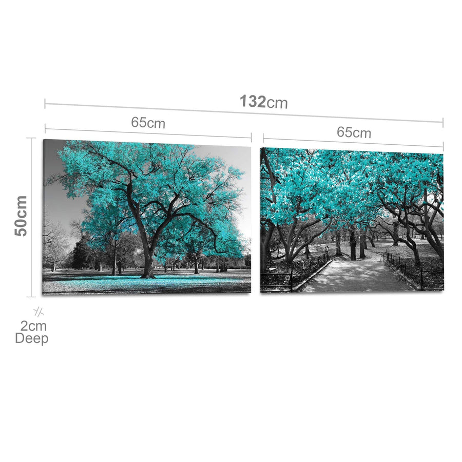 Teal Grey Black Canvas Wall Art - Trees Leaves Blossom - Set of 2 Pictures