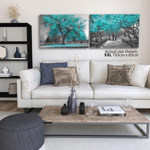 Teal Grey Black Canvas Wall Art - Trees Leaves Blossom - Set of 2 Pictures