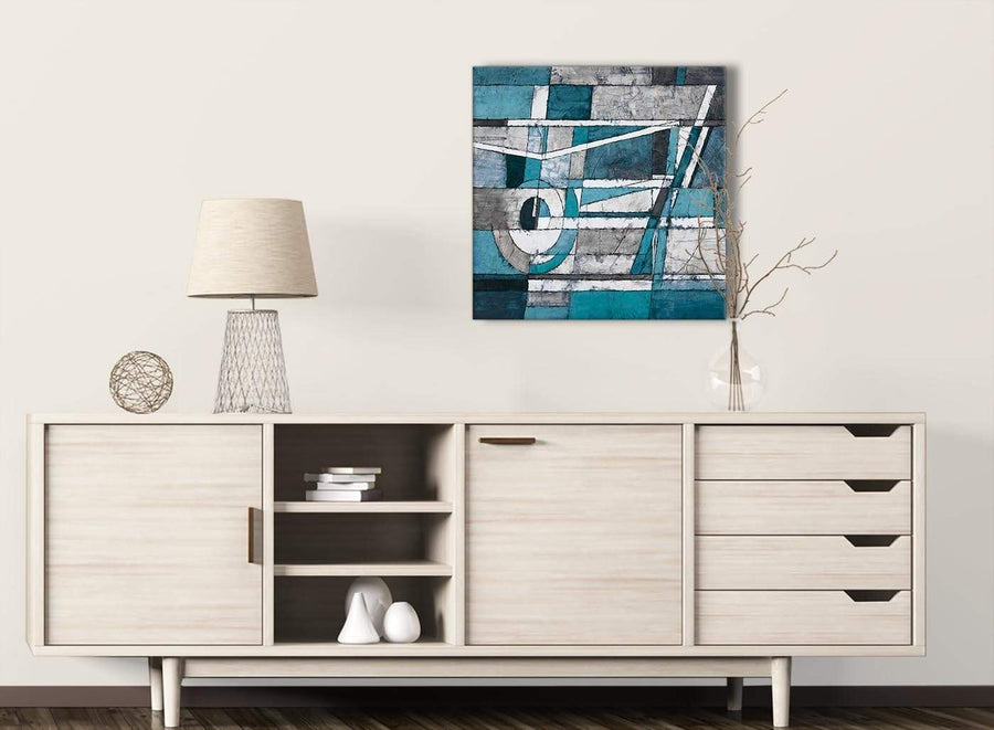 Teal Grey Painting Living Room Canvas Pictures Decor - Abstract 1s402m - 64cm Square Print