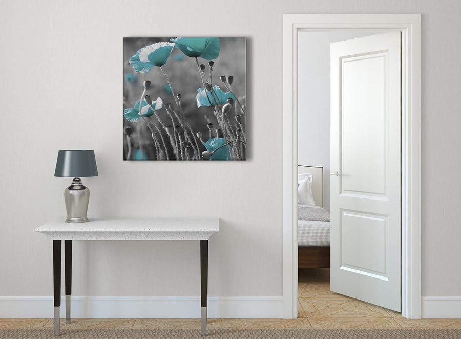 Teal Poppy Grey Poppies Flower Floral Abstract Bedroom Canvas Wall Art Accessories 1s139l - 79cm Square Print